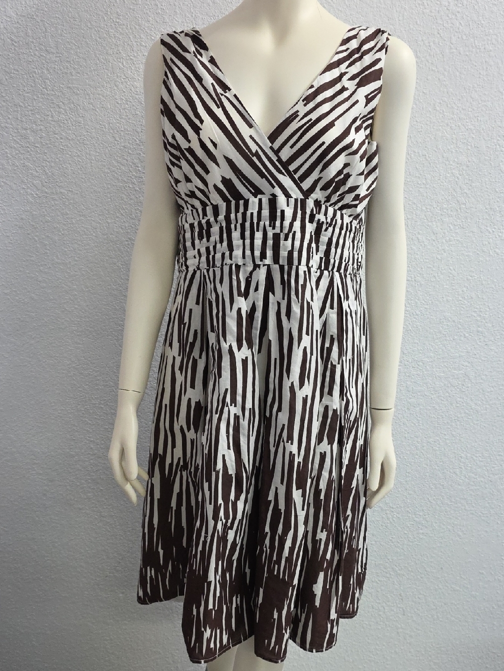 Bethany Cotton Brown White Abstract Print Empire Waist Sleeveless Dress Size 14